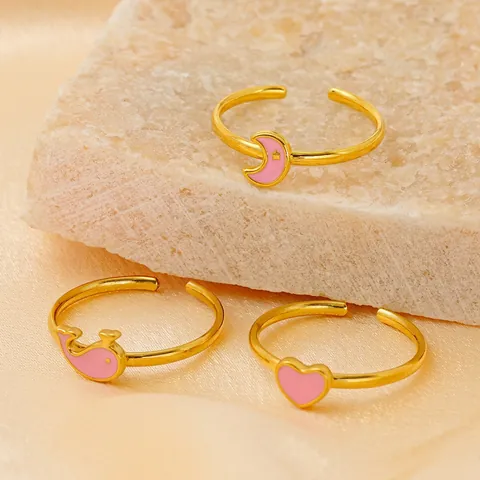 Anello Aperto Regolabile Cuore Luna Balena Placcato Oro 18K Acciaio Inossidabile Smalto Rosa Gioielli Moda Donna