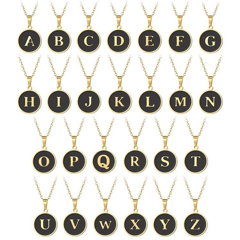 Ronde Letter Ketting Roestvrij Staal Verguld Zwart Emaille Initiaal Hanger Trendy Retro Sleutelbeentje Ketting Voor Dames