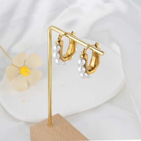 Pendientes De Aro Con Perlas Artificiales De Acero Inoxidable En Forma De U Chapados En Oro Joyería Elegante Para Mujer