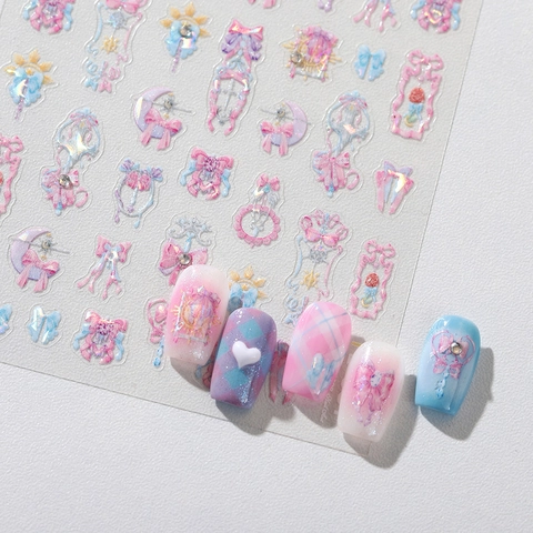 Adesivi Per Nail Art 3D Rilievo Magic Girl Stile Anime Olografico Stella Luna Fiocco Design Autoadesivo Decorazione DIY