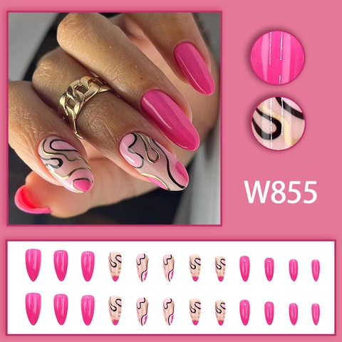 Uñas Postizas Largas Almendra Rosa Fuerte Con Líneas Abstractas Oro Y Negro Uñas Artificiales Brillantes Para Mujeres