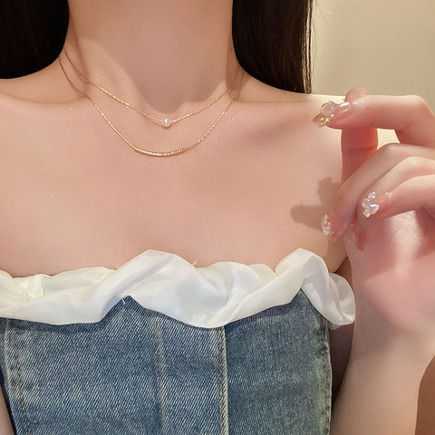 Copper Double Layer Necklace With Imitation Artificial Pearl And Textured Curved Tube Clavicle Chain Elegant Jewelry For Women