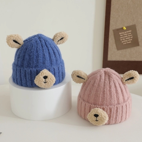Bonnet Tricoté Pour Enfants Oreilles D'Ours Dessin Animé Patch Polaire Hiver Chaud Pull Laine Pour Tout-Petits Garçons Filles
