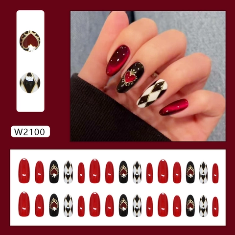 Press On Nails Long Almond Cat Eye Red Heart Checkerboard Design Vintage French Style Full Cover Detachable For Women