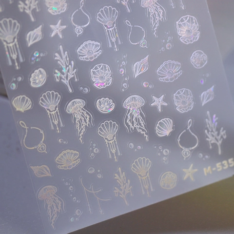 Autocollants Ongles Relief 3D Holographique Thème Océan Coquillage Méduse Étoile Mer Auto-adhésif DIY Stickers