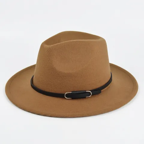 Sombrero Fedora de Estilo Británico Vintage Ala Ancha de Fieltro de Lana Sombrero Jazz Con Banda de Cuero Hebilla de Metal para Mujeres Hombres Sombrilla Fiesta Moda