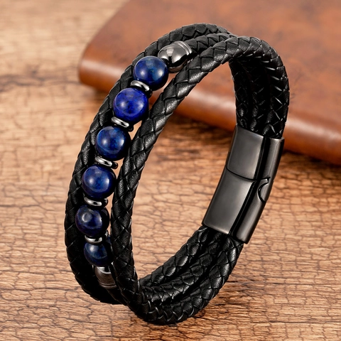 Men Multi-Layer Beaded Bracelet Braided Leather Tiger Eye Natural Stone Stainless Steel Magnetic Clasp Retro Trendy Gift