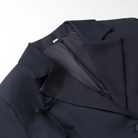 Elegante Dames Marineblauwe Blazer Jas Met Decoratieve Strik Single Breasted Reverskraag Slim Fit Lange Mouw Zakelijk Pak