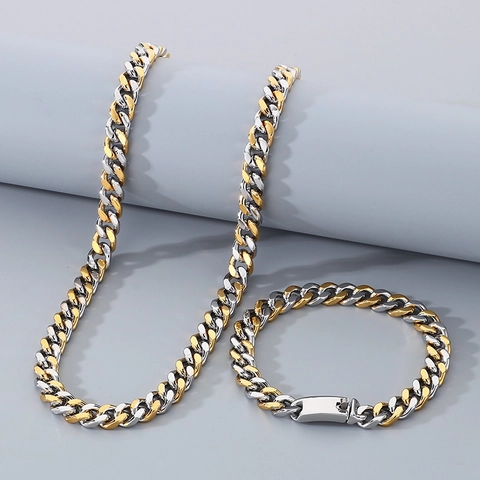 Set Di Gioielli Collana E Bracciale Maglia Cubana Da Uomo Acciaio Inossidabile Hip Hop Moda Streetwear