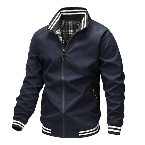 Men's Casual Sport Jacket Stand Collar Windproof Outerwear With Striped Ribbing Checkered Lining Spring Autumn Fashion Top