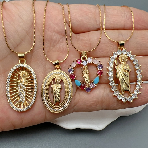 Saint Jude Hanger Ketting Voor Vrouwen Vergulde Roestvrijstalen Ketting Koper Zirkoon Religieuze San Judas Tadeo Sieraden