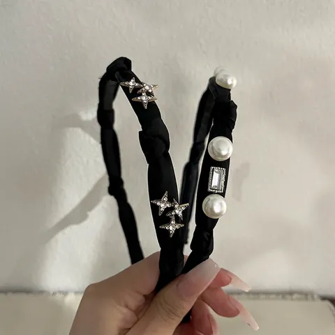 Black Knotted Headband Fabric Hair Band With Artificial Pearls And Square Rhinestones Star Decorative Headwear For Women