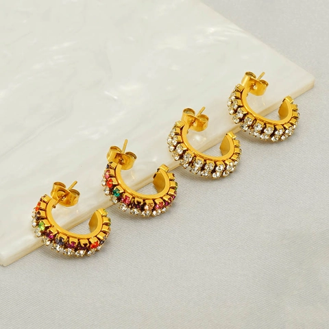 Orecchini A Cerchio C Acciaio Inossidabile Placcato Oro 18K Doppia Fila Strass Gioielli Moda Retro Francese Per Donne