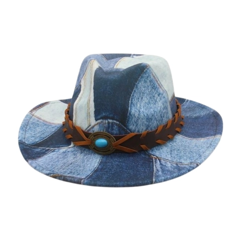 Cappello Fedora Western Vintage Denim Patchwork Con Cinturino In Pelle Decorazione Turchese Stile Britannico Cappello Jazz Per Uomini Donne