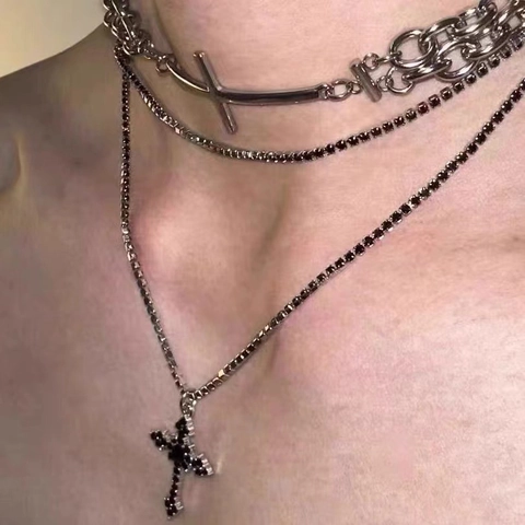 Gothic Layered Cross Pendant Necklace Alloy Rhinestone Beads Dark Punk Style For Women Men