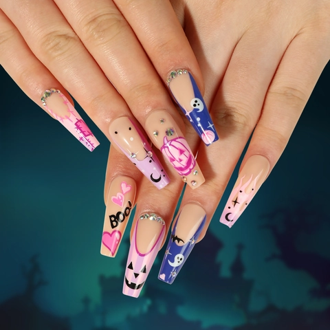 Halloween Press On Nails Forma A Bara Lunga Fantasma Zucca Cuore Luna Modello Rhinestone Rosa Viola Unghie Finte