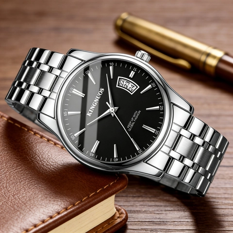 Kingnuos Luxury Men Women Fashion Quartz Watch Stainless Steel Leather Strap Waterproof Calendar Business Dress Wristwatch