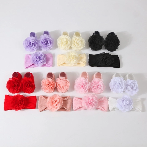 Infant Baby Girl Ribbed Headband And Socks With Large 3D Flower Decoration Soft Elastic Nylon Headwrap Hair Accessory