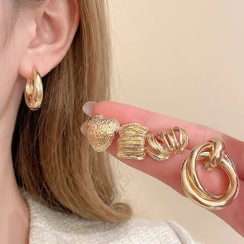 Geometric Wrinkled Metal Stud Hoop Earrings With Silver Earring Post Gold Tone Textured Jewelry For Women Fashion