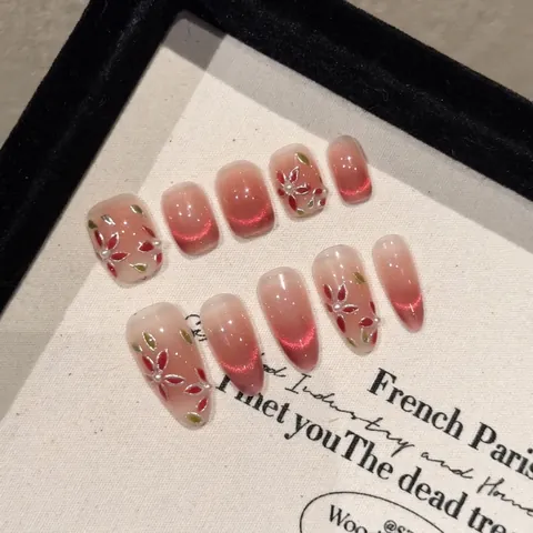 Uñas Postizas Hechas A Mano Press On Nails Cat Eye Degradado Floral Perla Artificial Rhinestone Elegante Extraíble Mujer