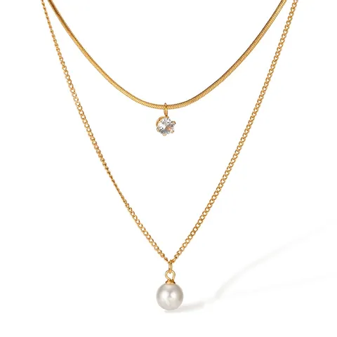 Double Layer Necklace Gold Plated Stainless Steel With Zircon And White Imitation Artificial Pearl Pendant Elegant Jewelry For Women