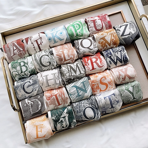 Women Initial Letter Print Narrow Long Satin Scarf Hair Band French Retro Satin Handbag Handle Ribbon Elegant Neck Scarf