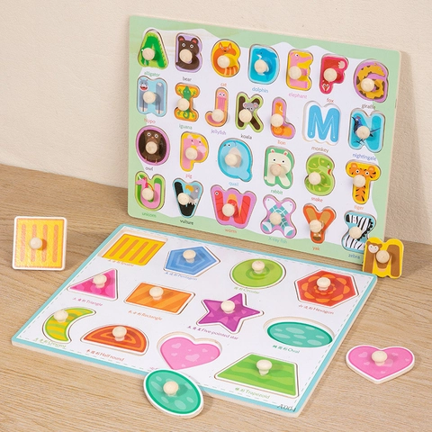 Wooden Peg Puzzle Early Education Learning Toy For Toddlers Alphabet Numbers Animals Hand Grasping Board