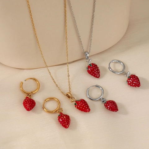 Parure Bijoux Collier Et Boucles D'oreilles Pendentif Fraise Acier Inoxydable Émail Rouge Plaqué Or Femmes Filles