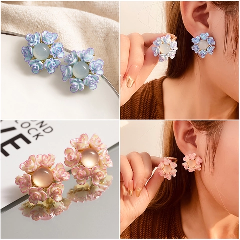 Sweet Rose Flower Stud Earrings With Silver Earring Post Gradient Resin Alloy Fashion Jewelry For Women