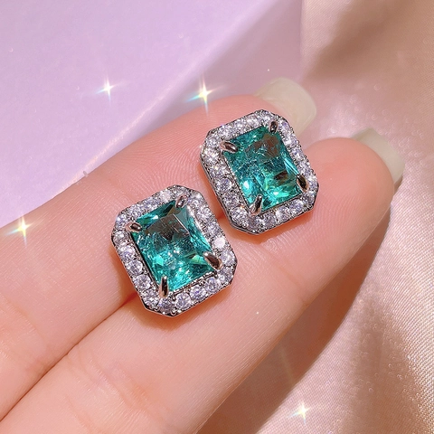 Vintage Paraiba Blauw Smaragdslijpsel Sieraden Collectie Rechthoek Strass Ingelegde Witkoper Ketting Ring Oorknopjes Voor Vrouwen Bruiloft Feest