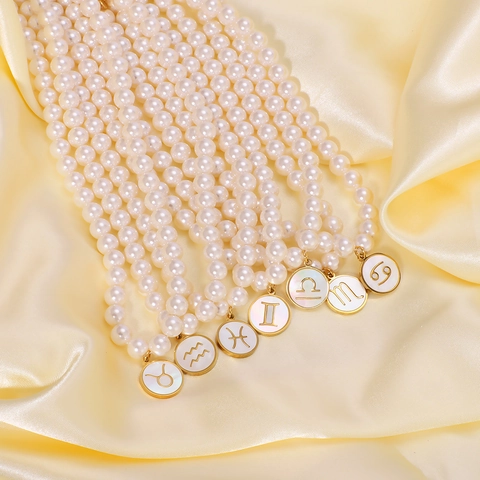 Zodiac Constellation Pendant Necklace Stainless Steel 18K Gold Plated Shell Artificial Pearl Bead Elegant French Jewelry For Women