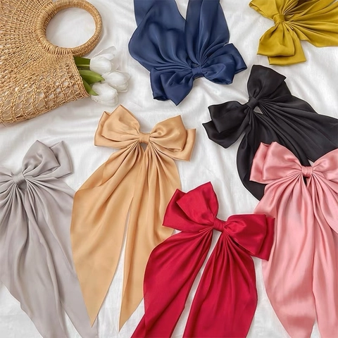 Satin Large Bow Hair Clip With Long Streamers Double Layer French Style Elegant Hairpins Women Hair Accessories