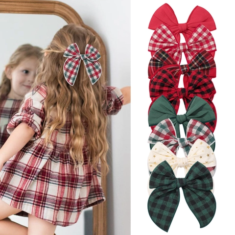 Pinzas Para El Cabello Con Lazo De Algodón Y Lino A Cuadros Para Niños Estilo Vintage Navideño Con Estampado De Estrellas