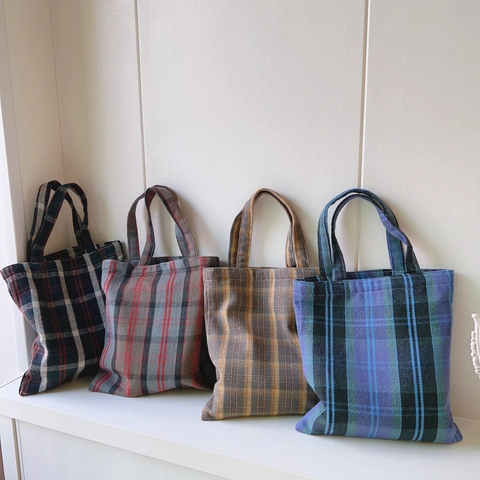 Vintage Britischer Stil Karo Leinwand Tragetasche Für Frauen Kleine Handtasche Für Den Täglichen Einkauf Reisen Casual Büchertasche