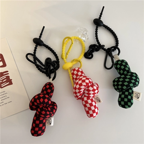 Geruite Stoffen Knoop Tasbedeltje Sleutelhanger Met Acryl Ketting Zacht Polyester Ornament Voor Handtas Rugzak Vrouwen