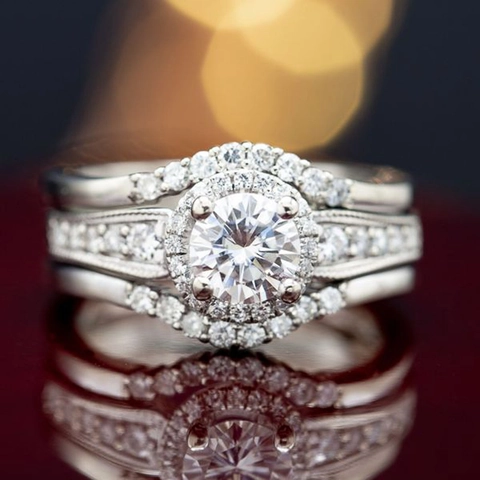 Copper Zircon Rings Round Cut White Gold Plated Bridal Stackable Halo Jewelry For Women
