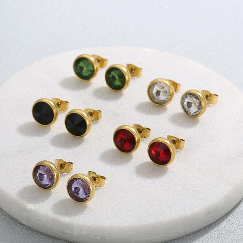 Round Gemstone Stud Earrings Titanium Steel 316L Stainless Steel Colorful Satellite Stone Hypoallergenic Elegant Jewelry