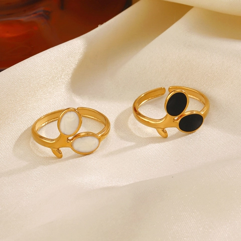 Blad Verstelbare Ring Roestvrij Staal 18K Verguld Met Zwart Wit Emaille Mode Dames Sieraden