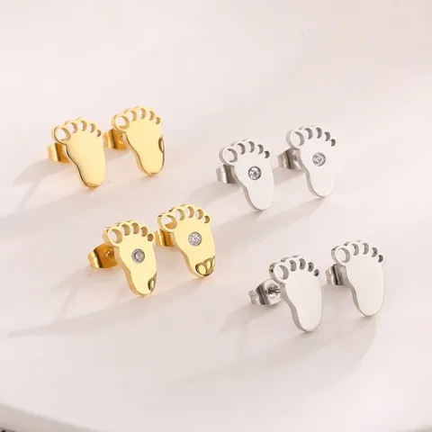 Stainless Steel Baby Footprint Stud Earrings With Zircon Cute Minimalist Little Feet Fashion Jewelry For Women