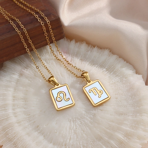Collar Con Colgante De Signo Del Zodíaco De Acero Inoxidable Con Concha Blanca Nácar Joyería De Constelación Rectangular