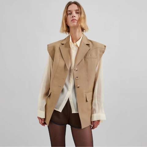 Damen Ärmelloser Blazer Weste Khaki Polyester Knopfleiste Revers Büro Dame Lässig Weste