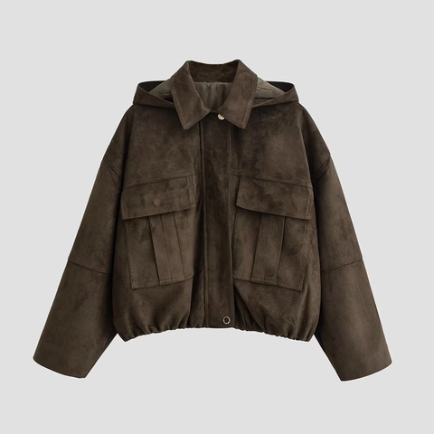 Chaqueta Bomber De Mujer Efecto Ante Con Capucha Ajuste Holgado Cremallera Bolsillos Cargo Color Sólido Abrigo Corto