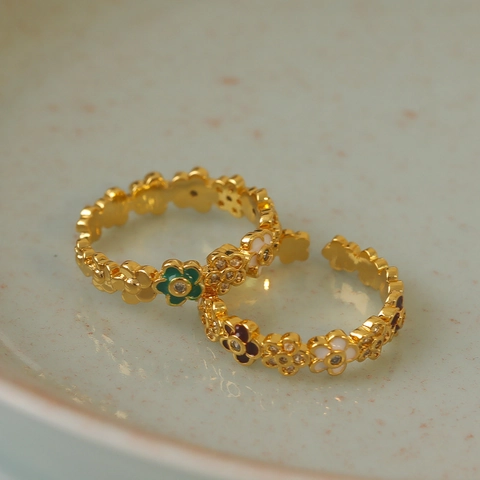 Anillo Abierto Ajustable De Cobre Chapado En Oro De 18K Con Esmalte De Flores Y Circón Brillante Joyería Floral Elegante