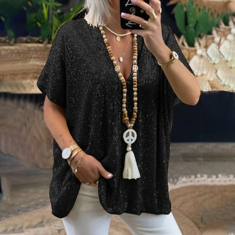 Women Loose V-Neck Sequin T-Shirt Short Sleeve Shimmering Sparkly Party Top Casual Urban Blouse