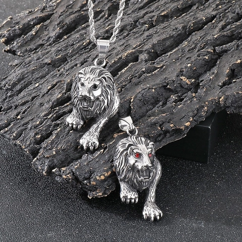 Lion Head Pendant Necklace Stainless Steel Red Rhinestone Eye Punk Animal Jewelry Gift For Men Cool Streetwear Accessory