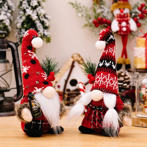 Christmas Gnome Ornaments Knitted Snowflake Plaid Faceless Doll With Kerosene Lamp Candy Cane Holiday Table Decor