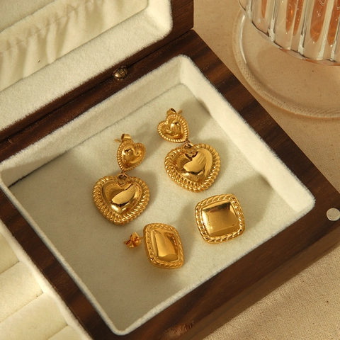 Vintage Gold Plated Titanium Steel Layered Heart Drop Earrings And Square Stud Earrings With Twisted Rope Edge For Women