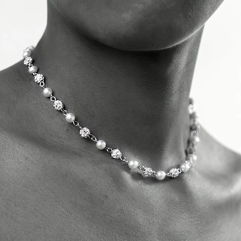 Faux Artificial Pearl Necklace With Rhinestone Cross Pendant Retro Hip Hop Style Jewelry For Men And Women