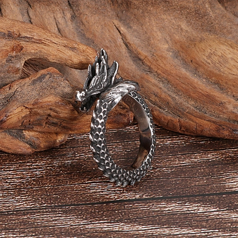 Dragon Head Ring Stainless Steel Vintage Punk Gothic 3D Scale Relief Adjustable Band For Men