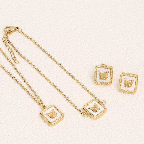Conjunto de Joyas de Acero Inoxidable Con Relieve de Mariposa Nácar Colgante Cuadrado Collar Pulsera Pendientes para Mujer